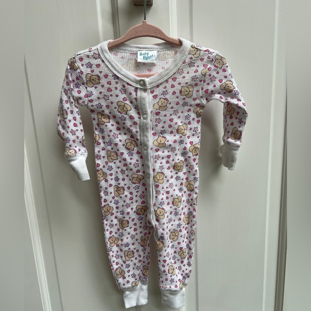Baby B’Gosh 6M White & Pink Teddy Bear Thermal Long Sleeve Girls Footie Pajamas